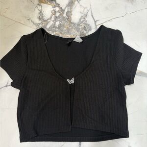Black Ribbed Top with Butterfly Detail